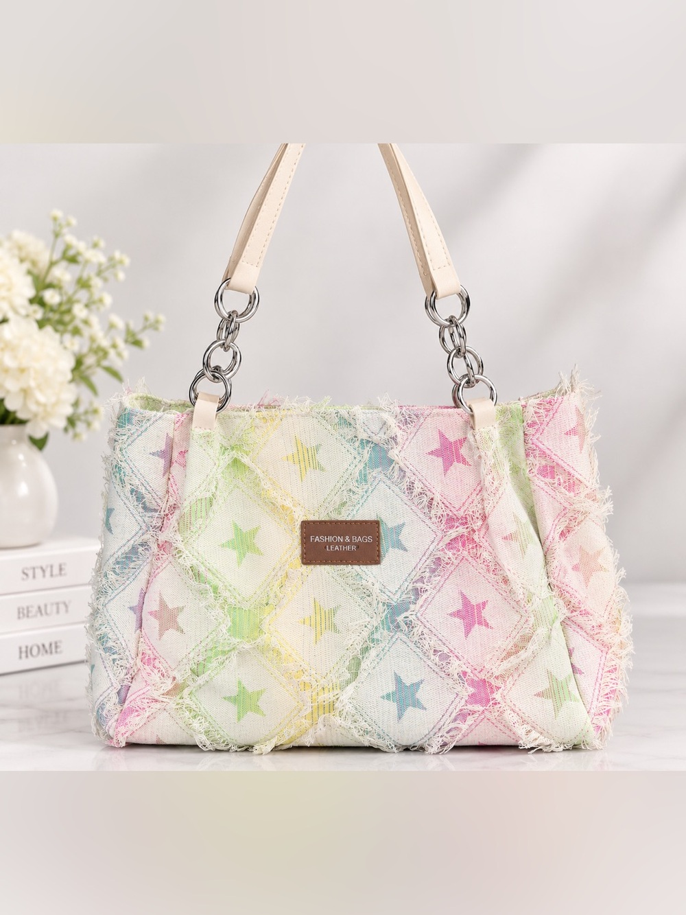 Fashion & Bags Pastel Star Patchwork Tote Bag - Cream Multicolor
